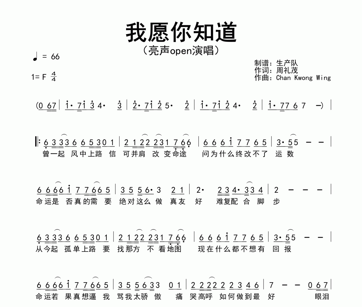 我愿你知道简谱 亮声open《我愿你知道》简谱F调