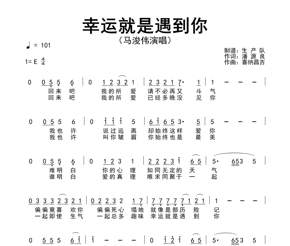 幸运就是遇到你简谱 马浚伟《幸运就是遇到你》简谱E调