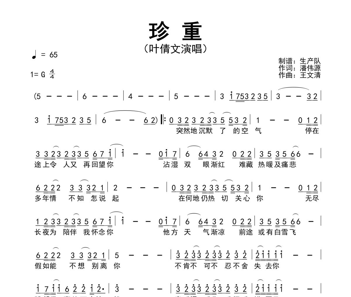 珍重简谱 叶倩文《珍重》简谱G调