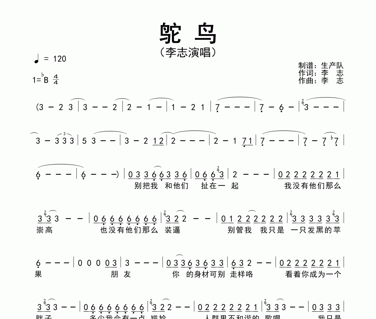 鸵鸟简谱 李志《鸵鸟》简谱降B调