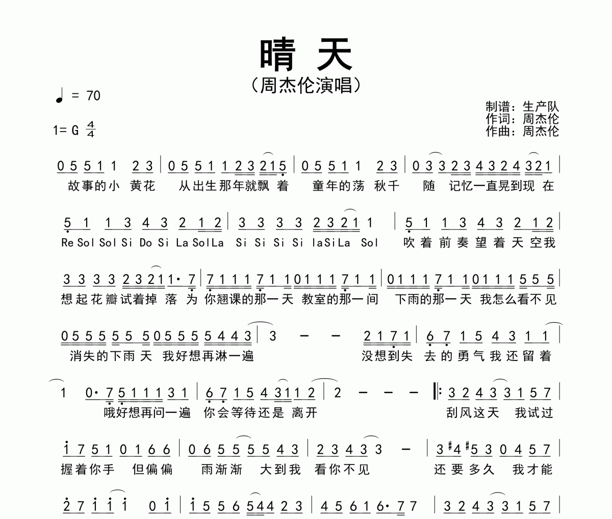 晴天简谱 周杰伦-晴天简谱G调