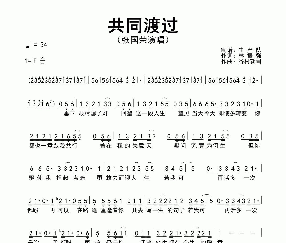 共同渡过简谱 张国荣《共同渡过》简谱F调