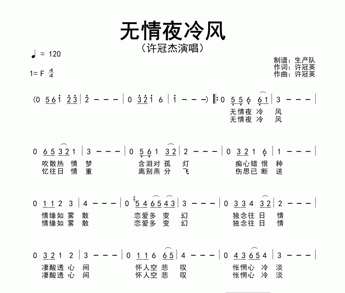 无情夜冷风简谱 许冠杰《无情夜冷风》简谱F调