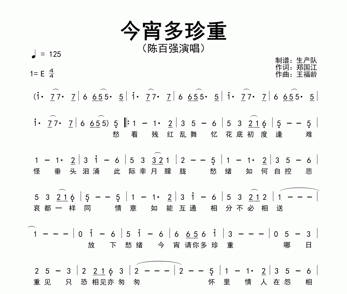 今宵多珍重简谱 陈百强《今宵多珍重》简谱E调