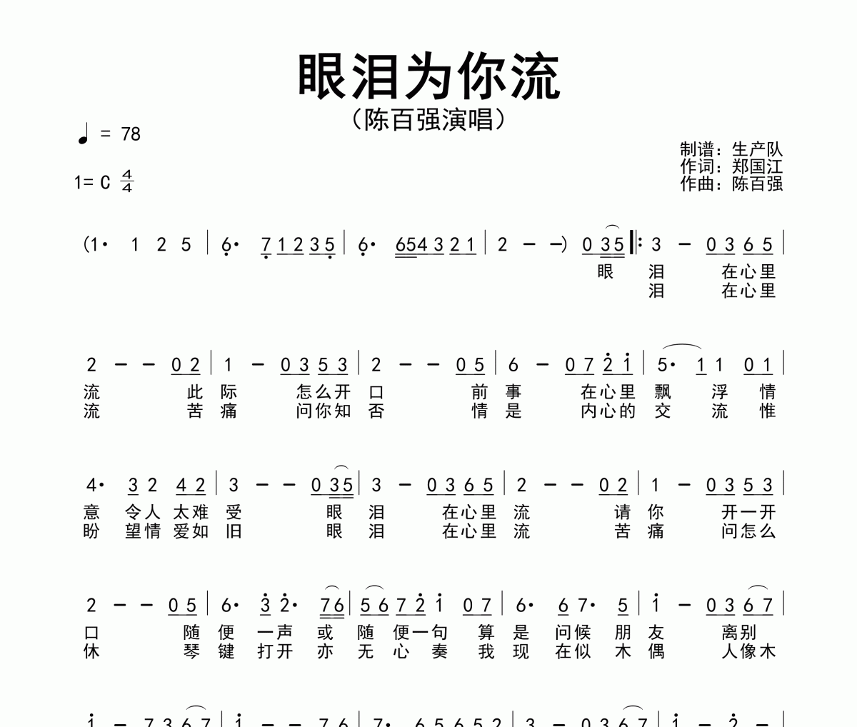 眼泪为你流简谱 陈百强《眼泪为你流》简谱C调