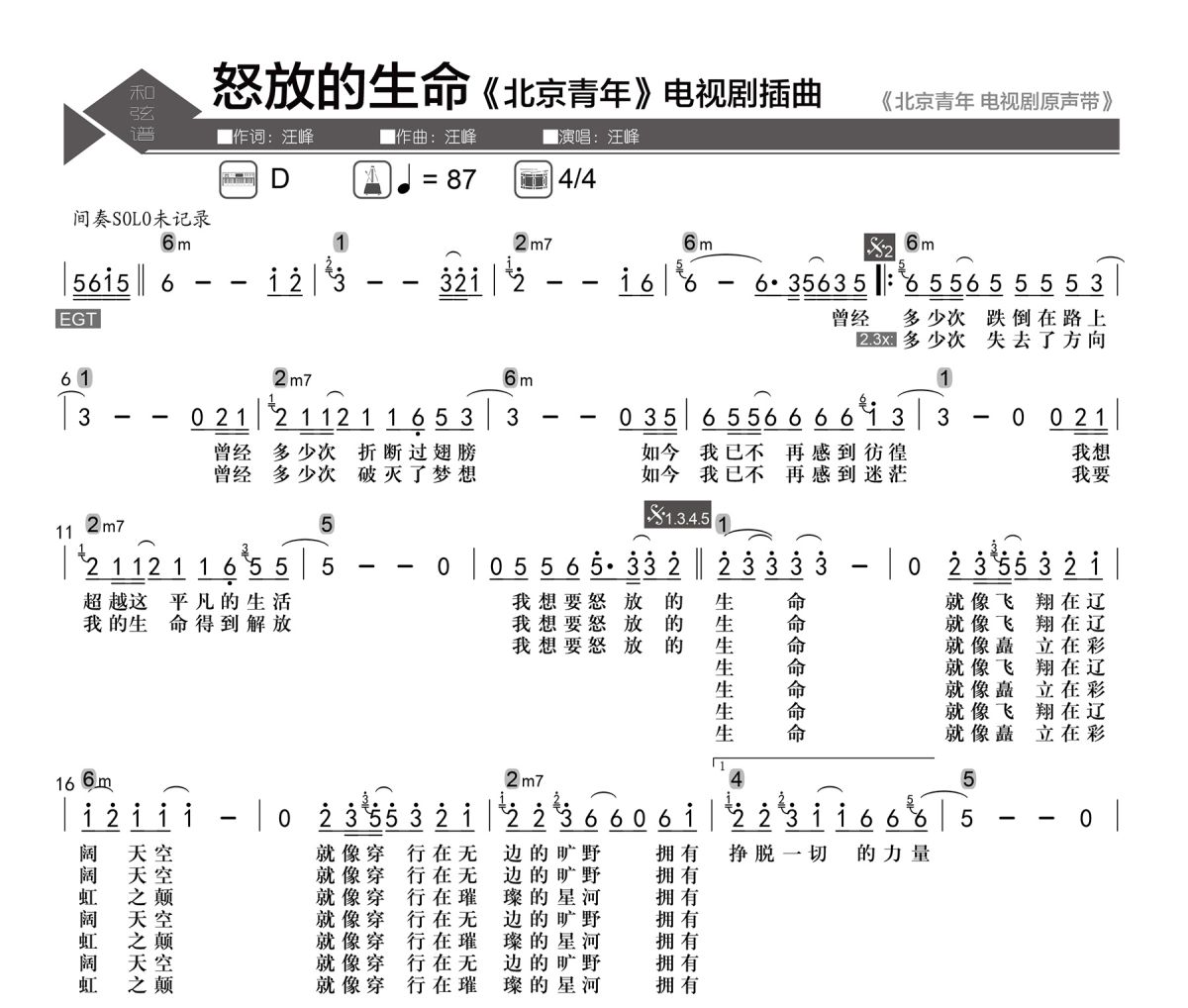 怒放的生命简谱 汪峰《怒放的生命》简谱