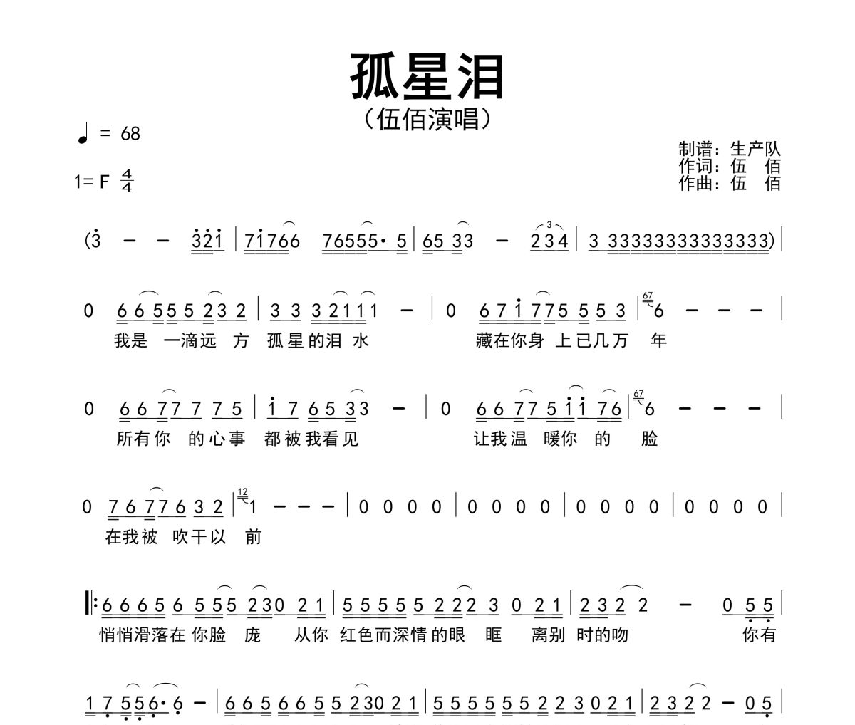 孤星泪简谱 伍佰《孤星泪》简谱