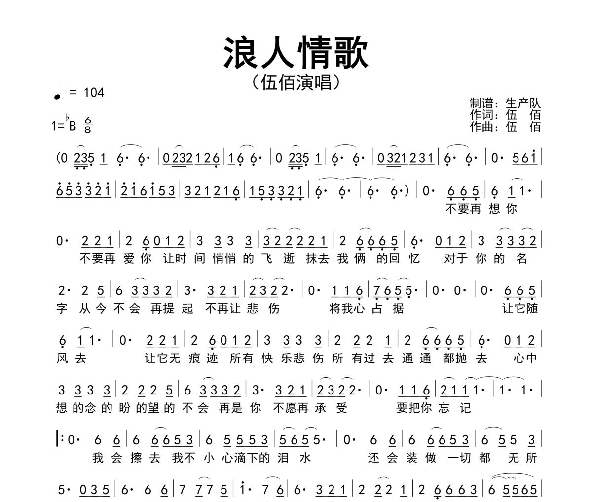 浪人情歌简谱 伍佰《浪人情歌》简谱