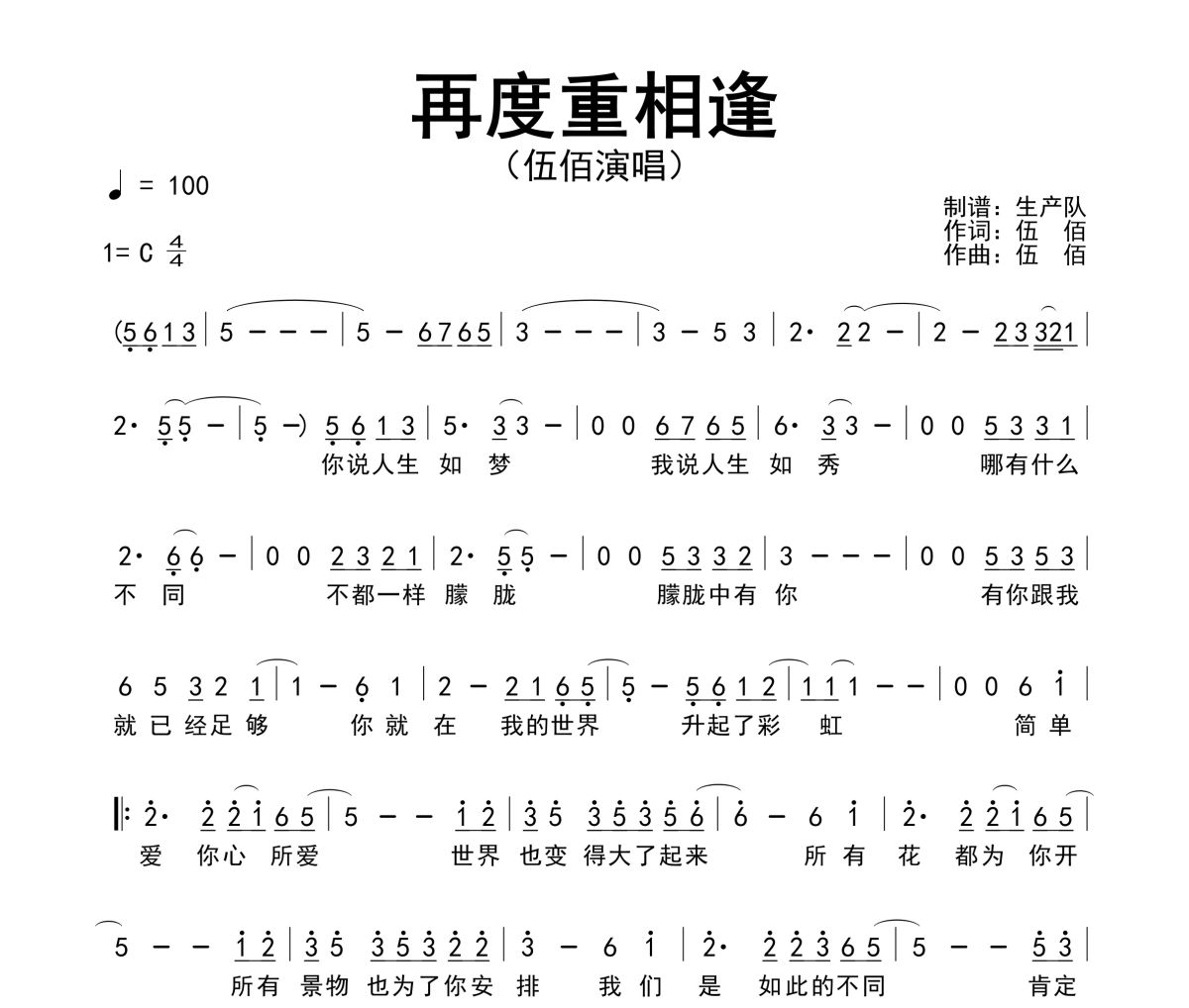 再度重相逢简谱 伍佰《再度重相逢》简谱