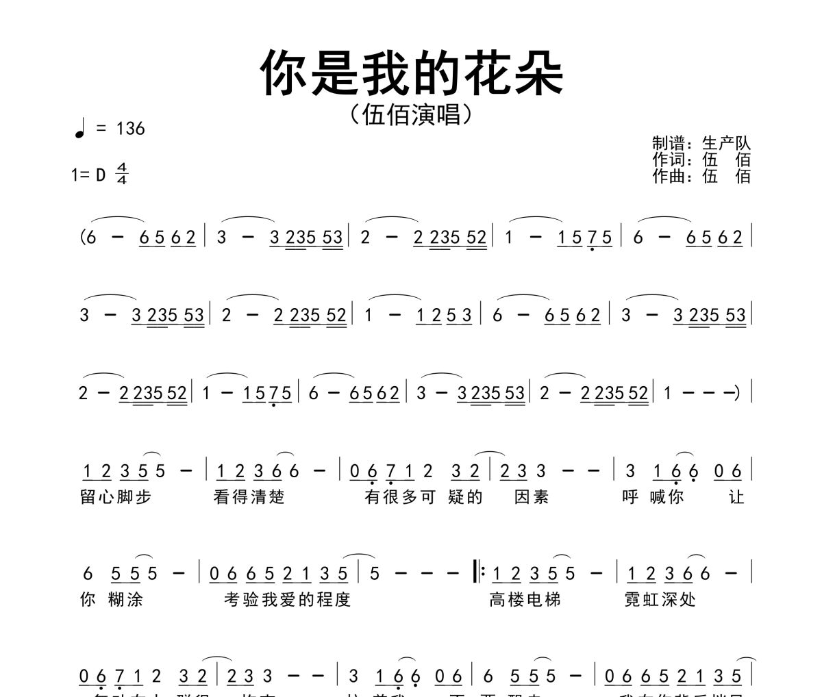 你是我的花朵简谱 伍佰《你是我的花朵》简谱
