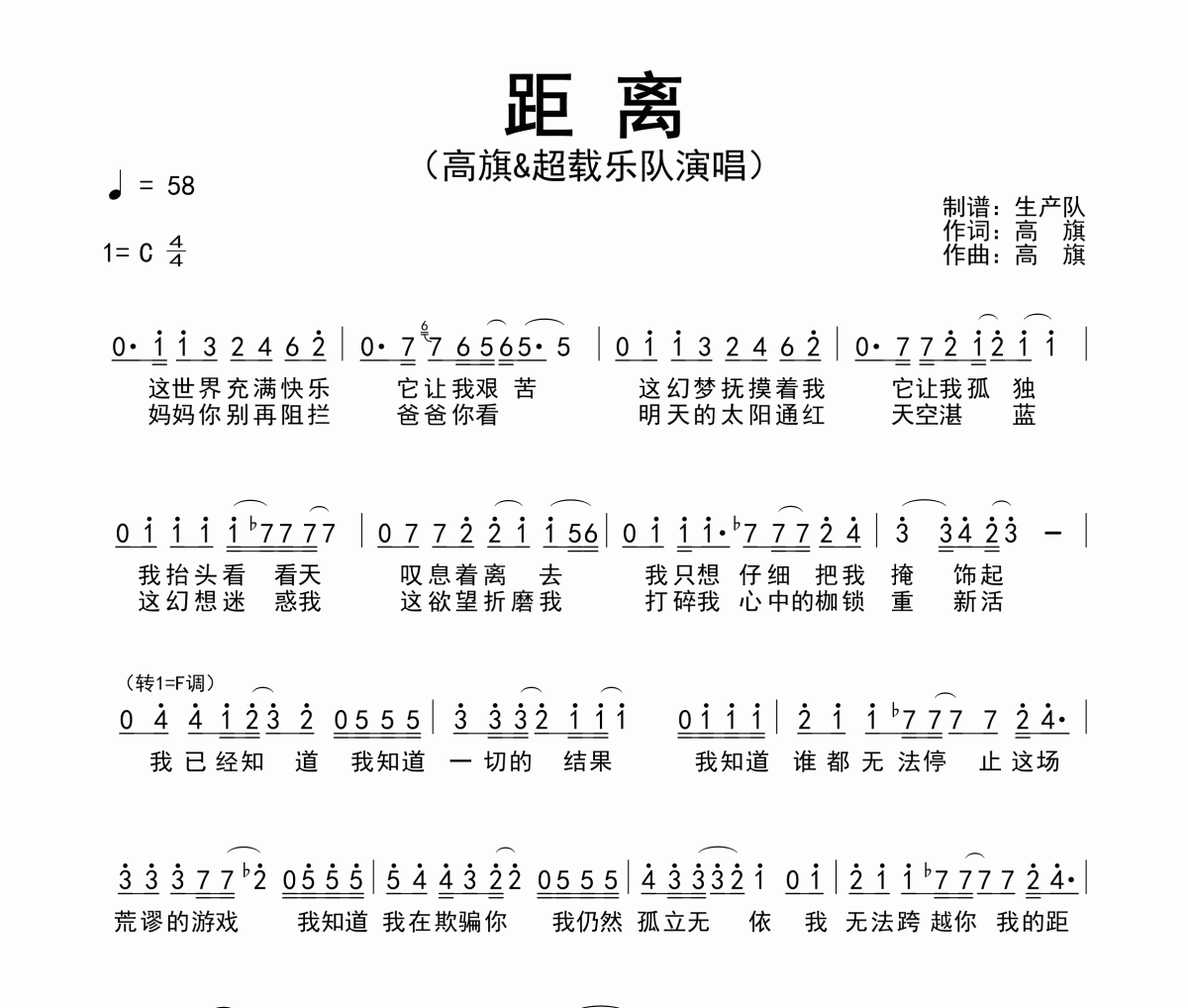 距离简谱 高旗&超载乐队《距离》简谱C调