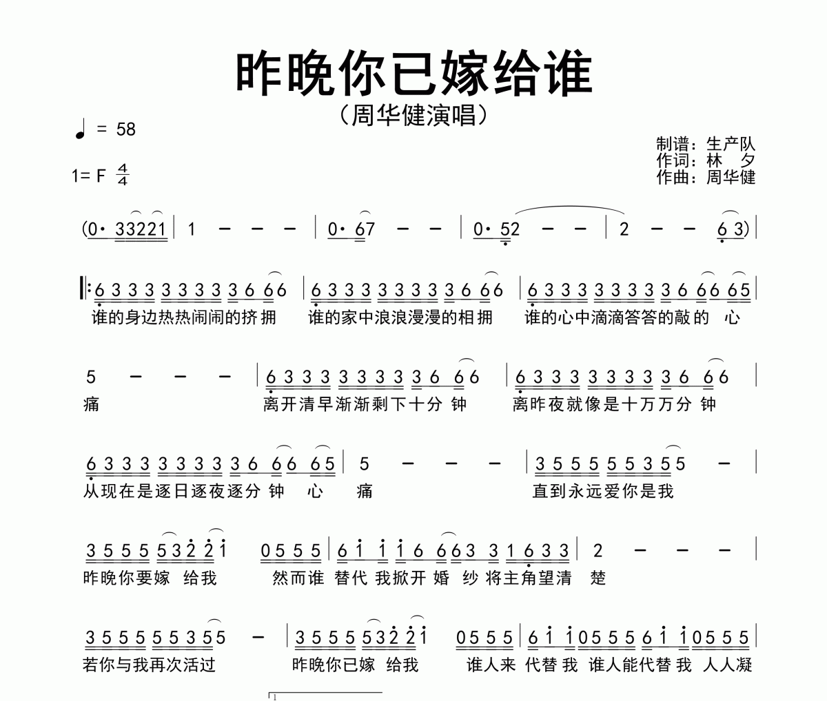 昨晚你已嫁给谁简谱 周华健《昨晚你已嫁给谁》简谱F调