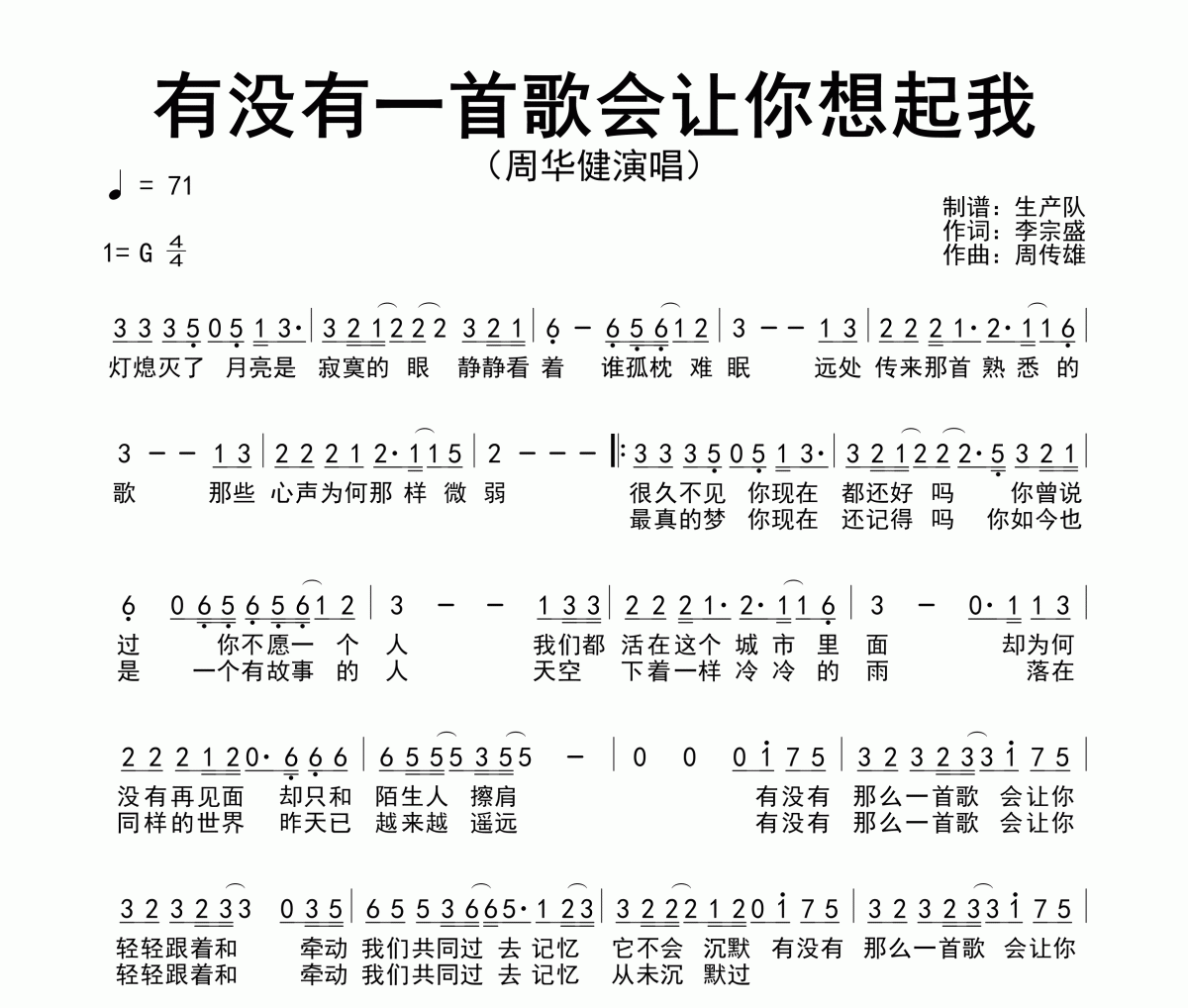 有没有一首歌会让你想起我简谱 周华健《有没有一首歌会让你想起我》简谱G调