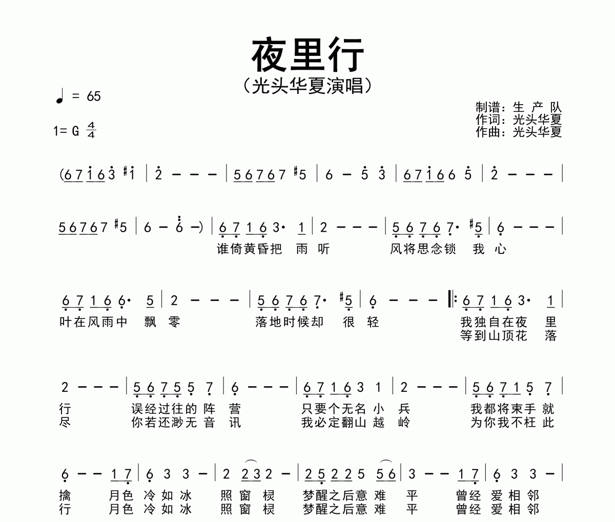 夜里行简谱 光头华夏《夜里行》简谱G调