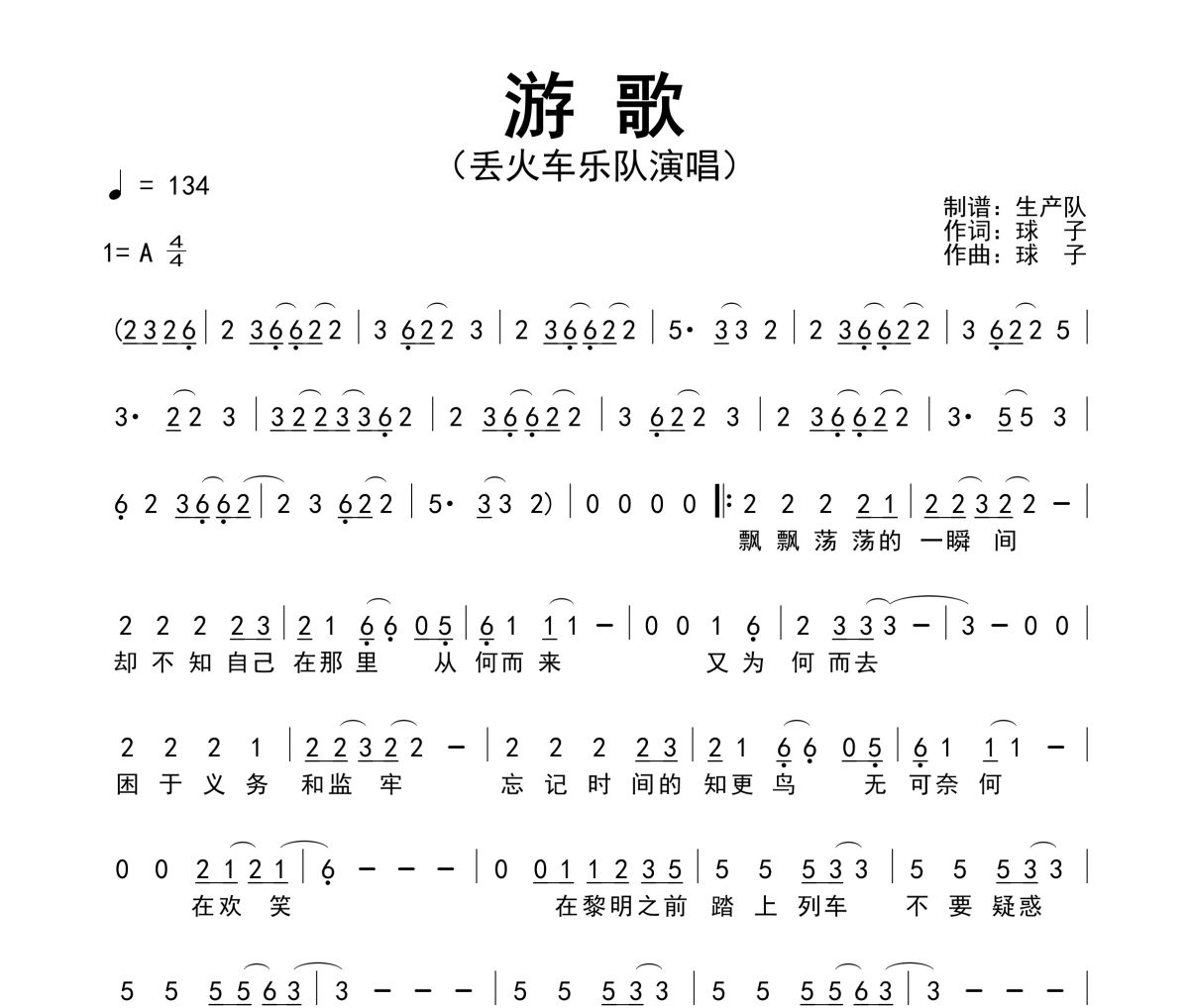 游歌简谱 丢火车乐队《游歌》简谱A调