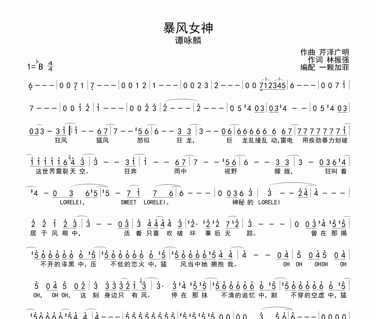 暴风女神简谱 谭咏麟《暴风女神》简谱降B调