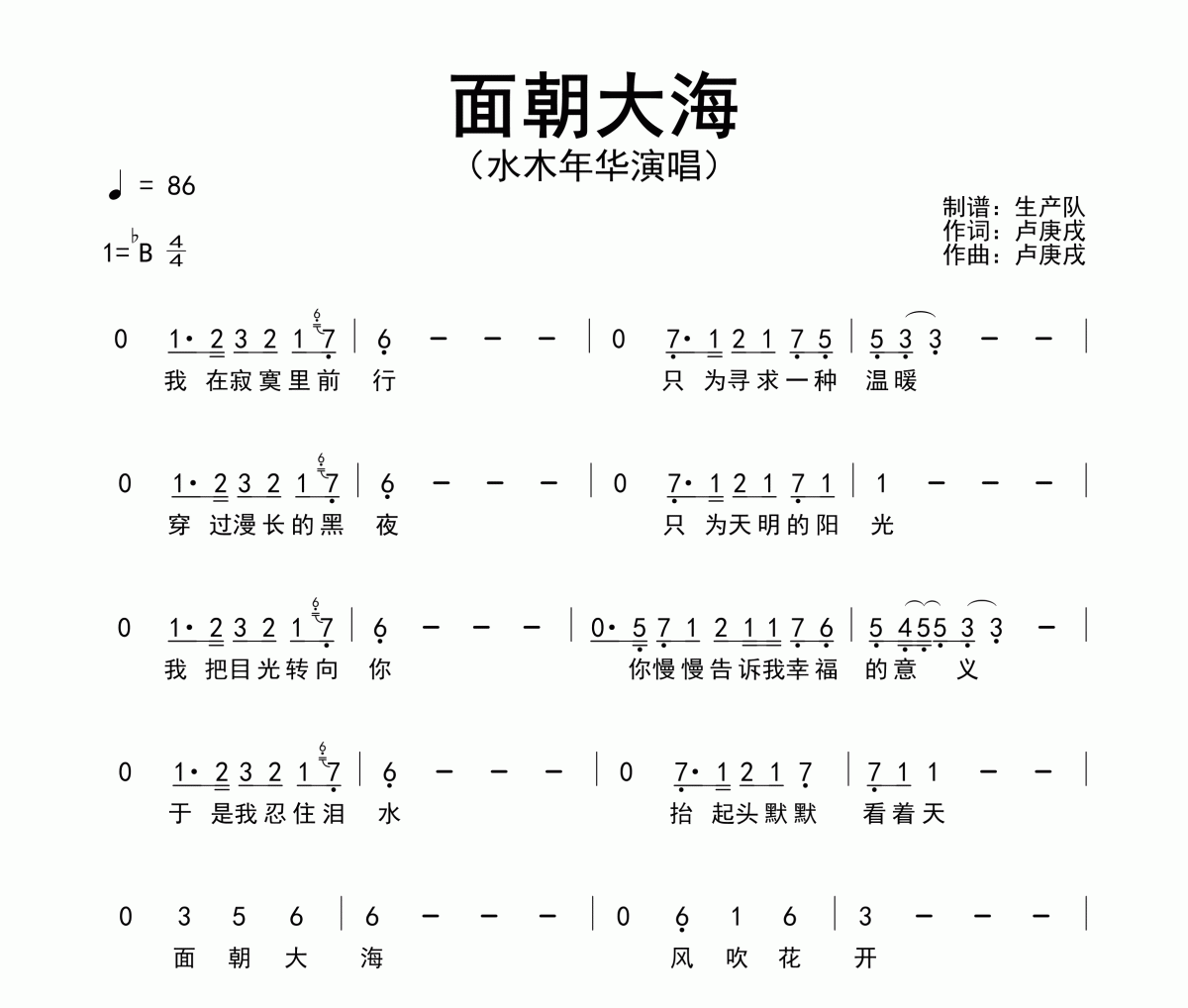 面朝大海简谱 水木年华《面朝大海》简谱降B调