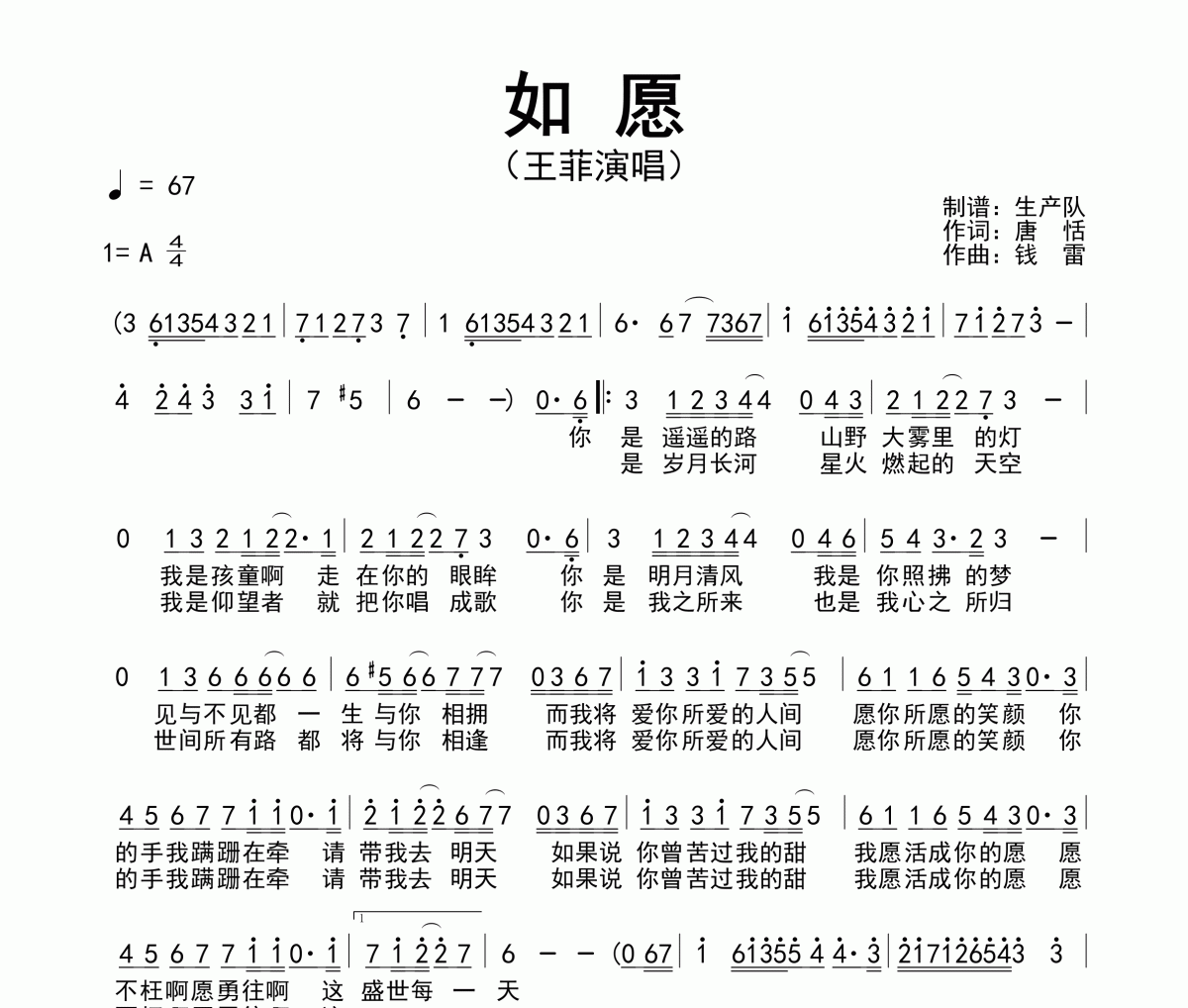 如愿简谱 王菲-如愿 A调简谱