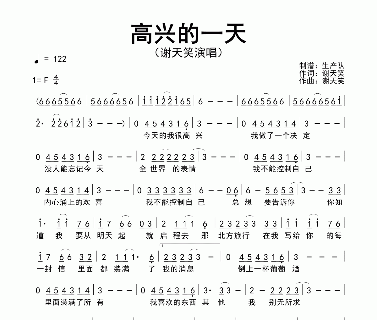 高兴的一天简谱 谢天笑《高兴的一天》简谱F调