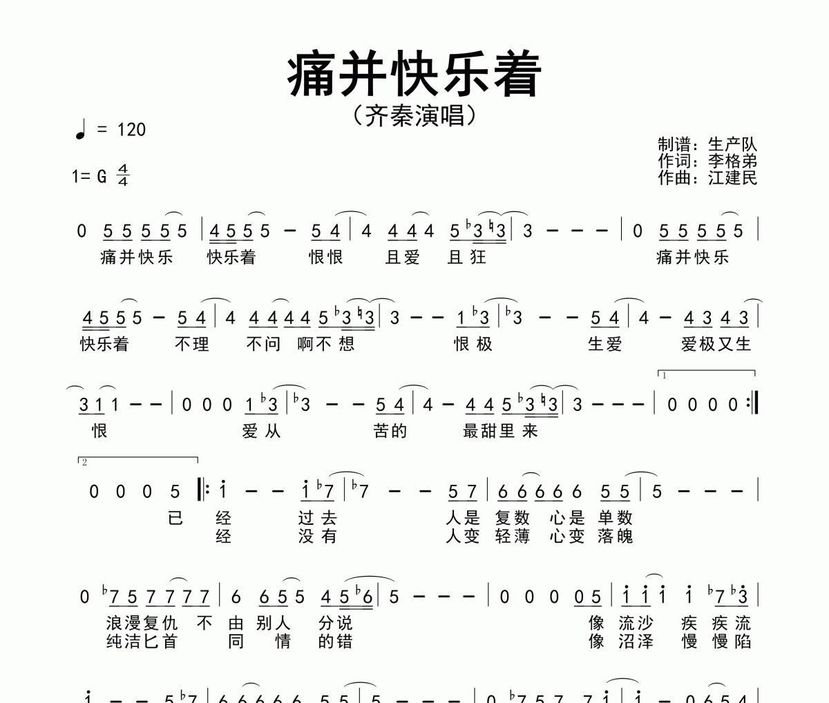 痛并快乐着简谱 齐秦《痛并快乐着》简谱G调