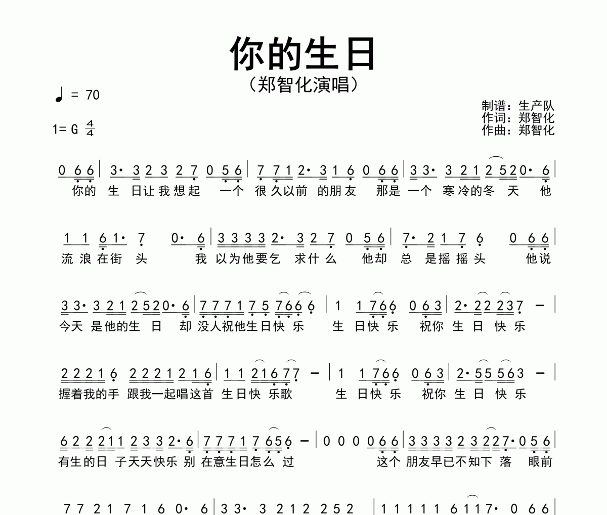 你的生日简谱 郑智化《你的生日》简谱G调