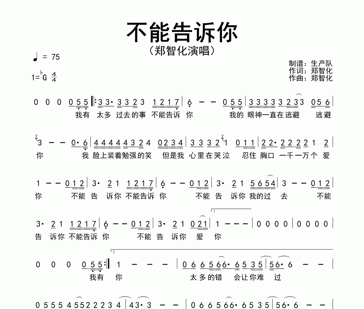 不能告诉你简谱 郑智化《不能告诉你》简谱G调