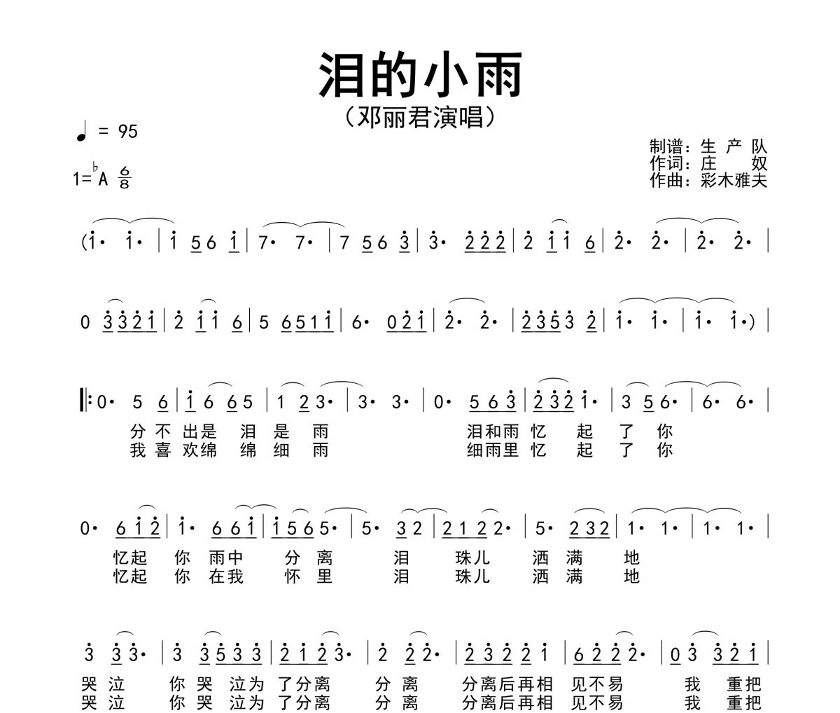 泪的小雨简谱 邓丽君《泪的小雨》简谱降A调