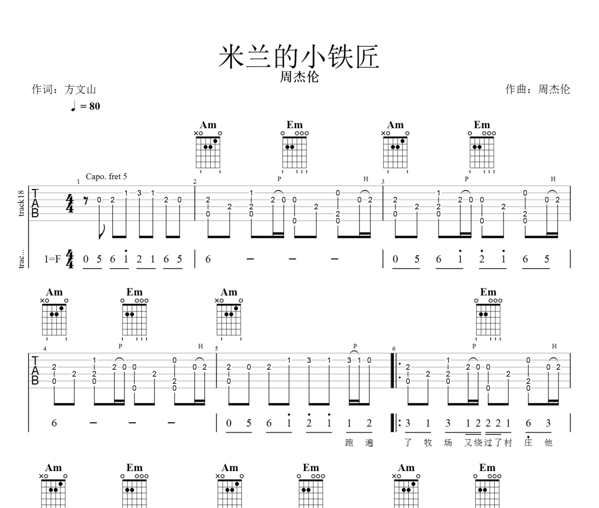 米兰小铁匠吉他谱 周杰伦《米兰小铁匠》六线谱F调吉他谱