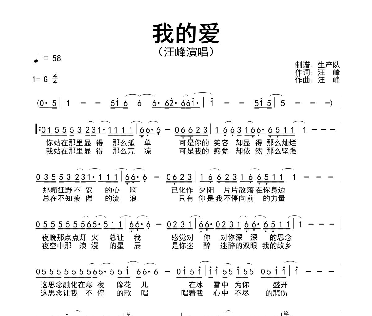 我的爱简谱 汪峰《我的爱》简谱G调