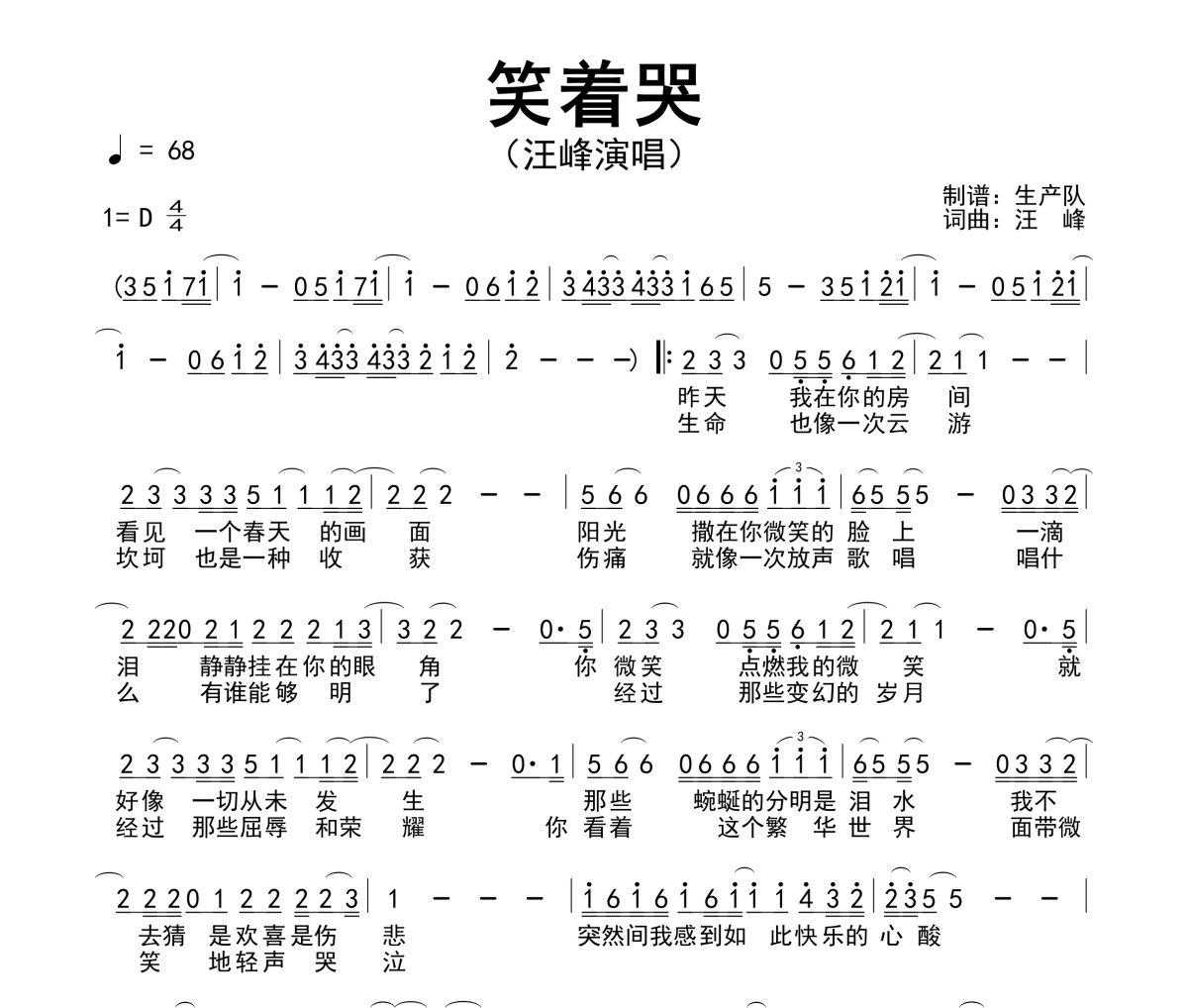 笑着哭简谱 汪峰《笑着哭》简谱D调