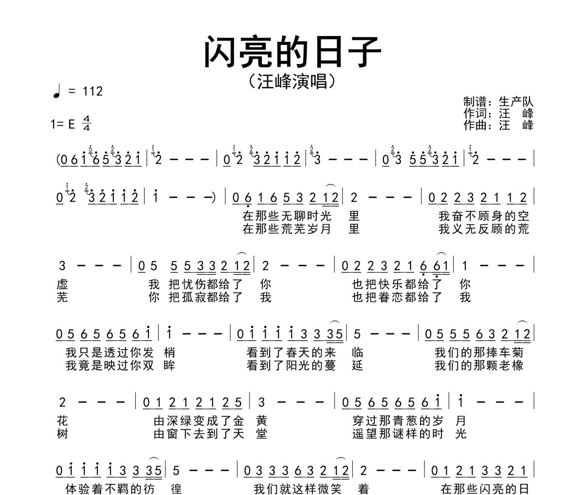 闪亮的日子简谱 汪峰《闪亮的日子》简谱E调