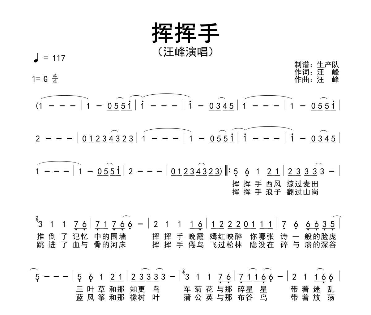 挥挥手简谱 汪峰《挥挥手》简谱G调