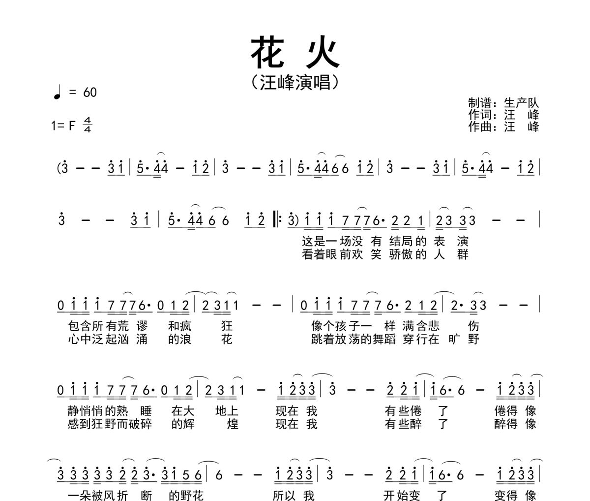 花火简谱 汪峰《花火》简谱F调