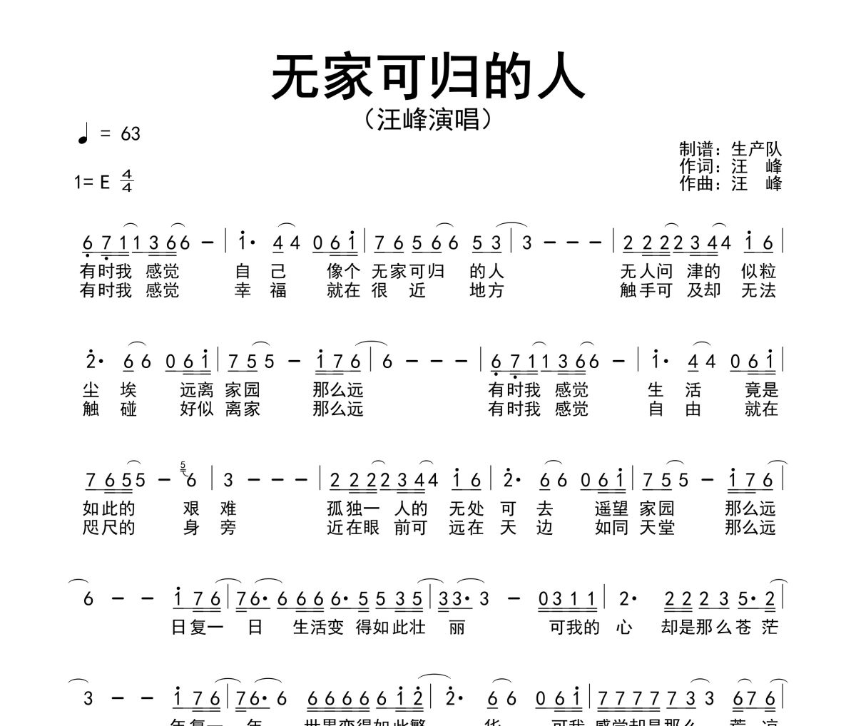 无家可归的人简谱 汪峰《无家可归的人》简谱E调