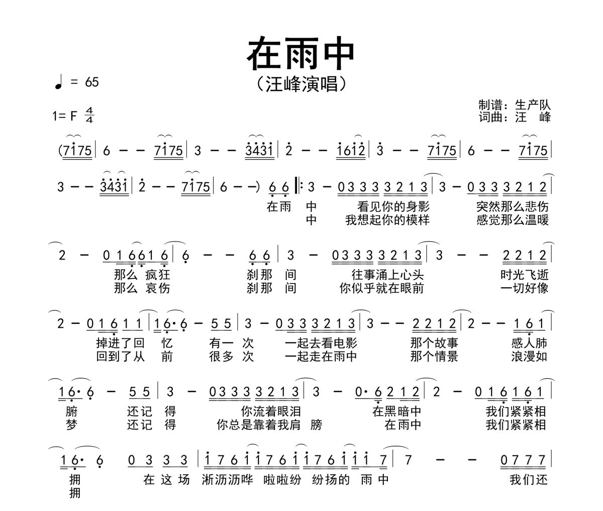 在雨中简谱 汪峰《在雨中》简谱F调