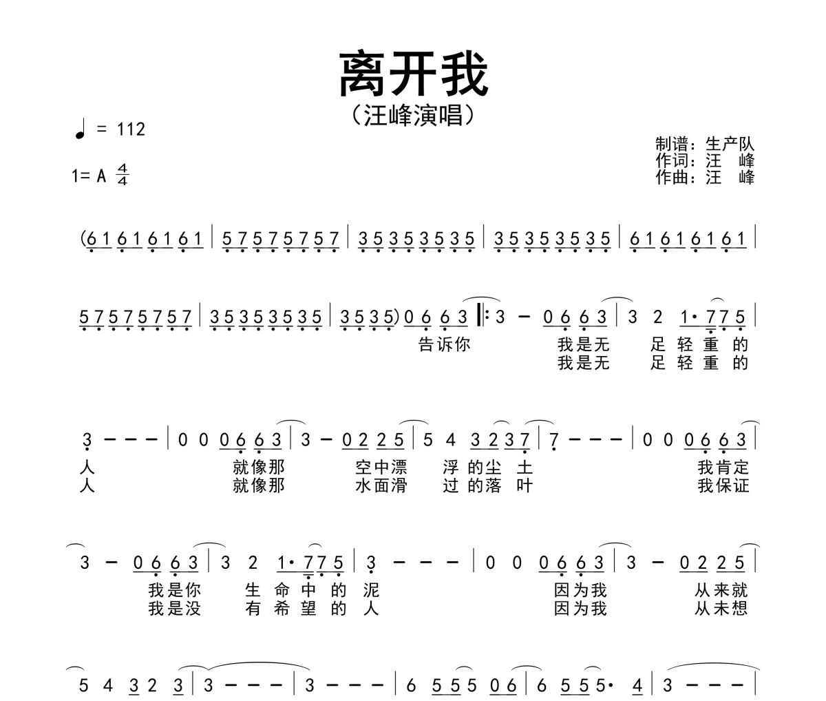 离开我简谱 汪峰《离开我》简谱A调
