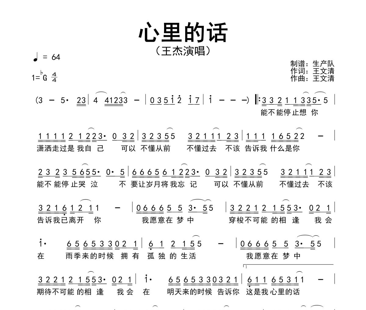 心里的话简谱 王杰《心里的话》简谱降G调