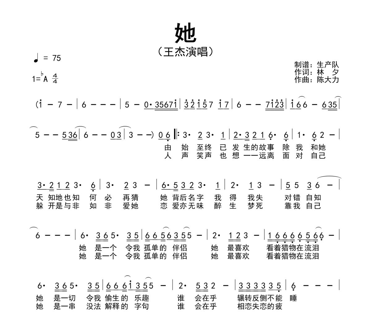她简谱 王杰《她》简谱降A调