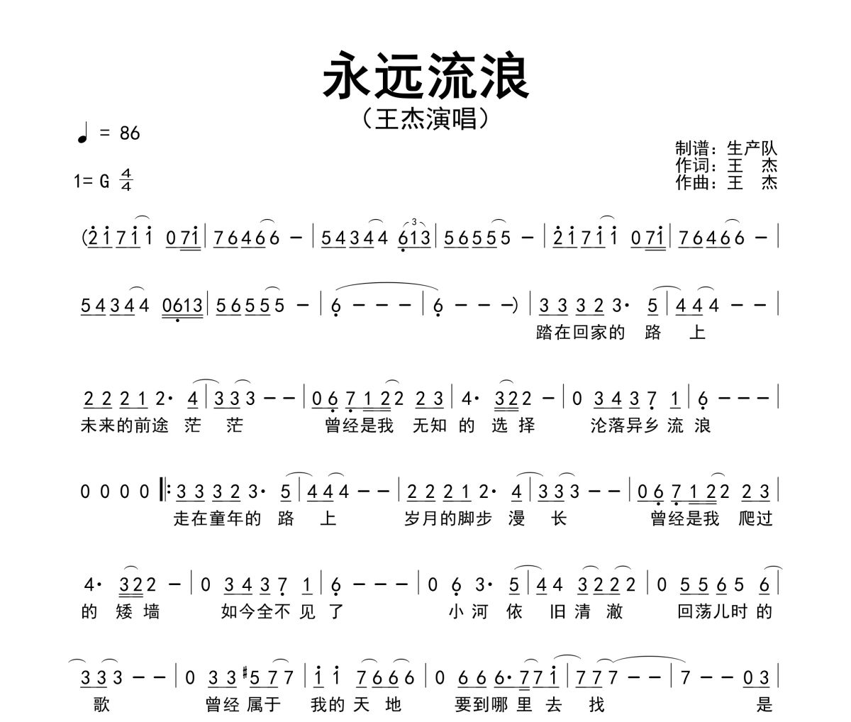 永远流浪简谱 王杰《永远流浪》简谱G调