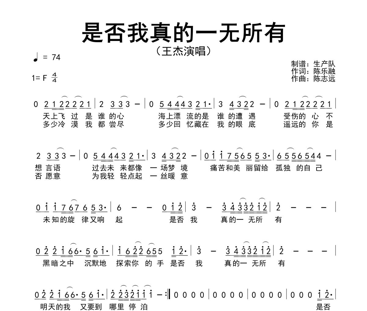 是否我真的一无所有简谱 王杰《是否我真的一无所有》简谱F调