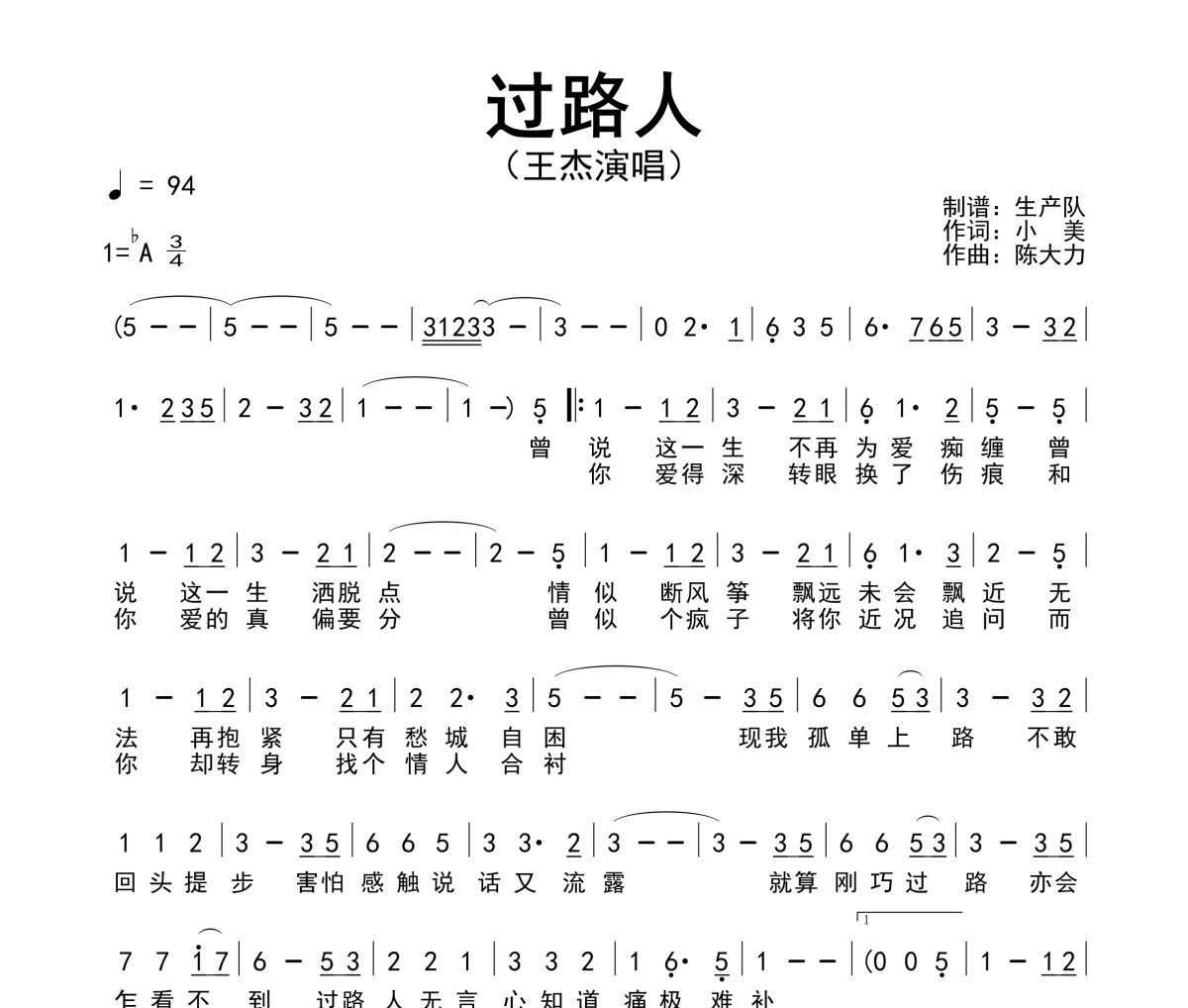 过路人简谱 王杰《过路人》简谱降A调