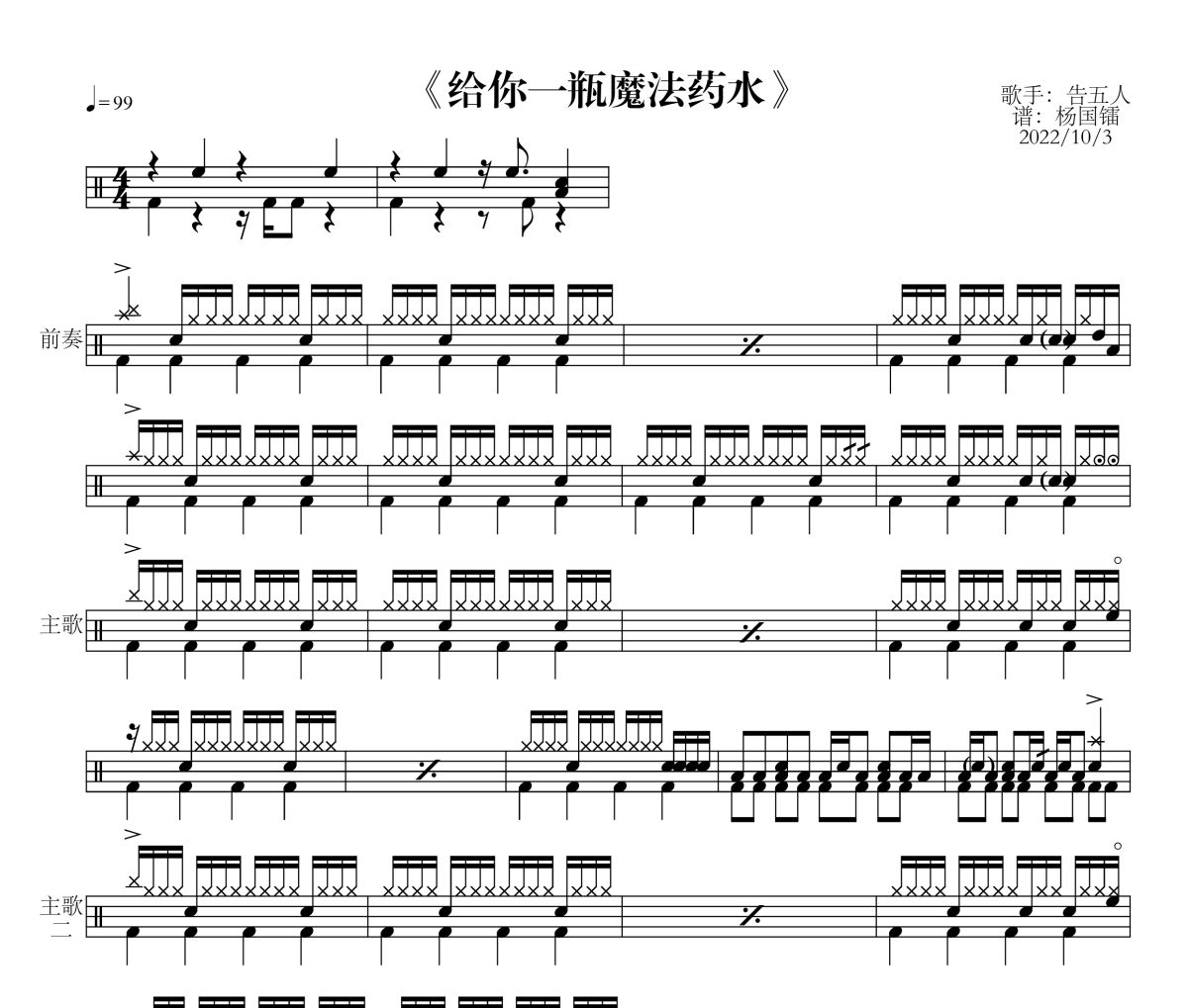 给你一瓶魔法药水鼓谱 告五人《给你一瓶魔法药水》爵士鼓鼓谱