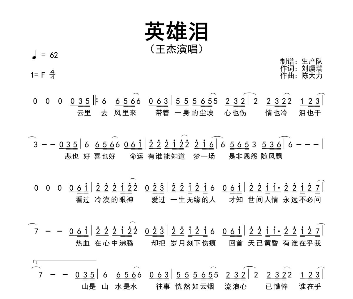英雄泪简谱 王杰《英雄泪》简谱F调