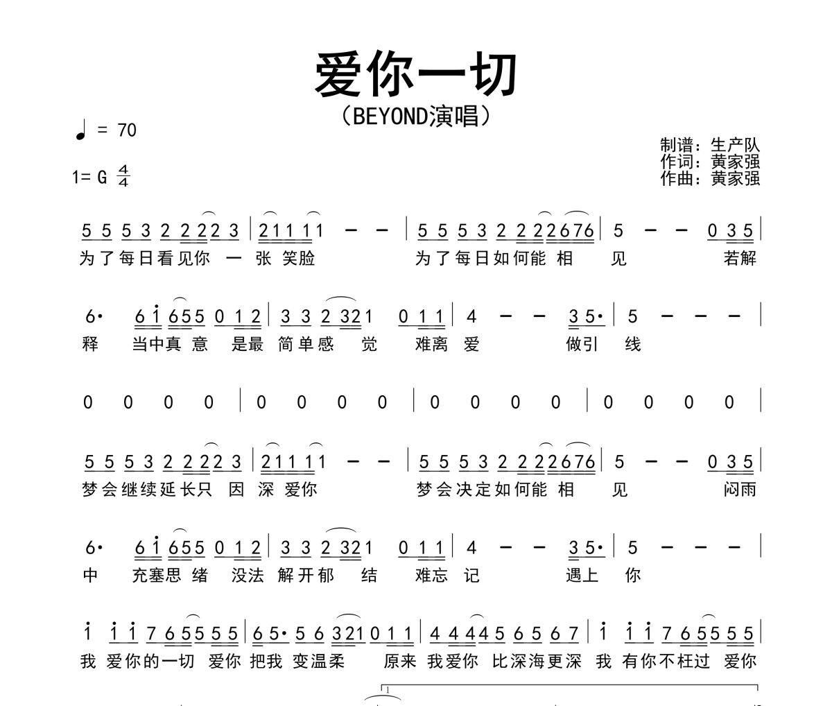 爱你一切简谱 Beyond《爱你一切》简谱G调
