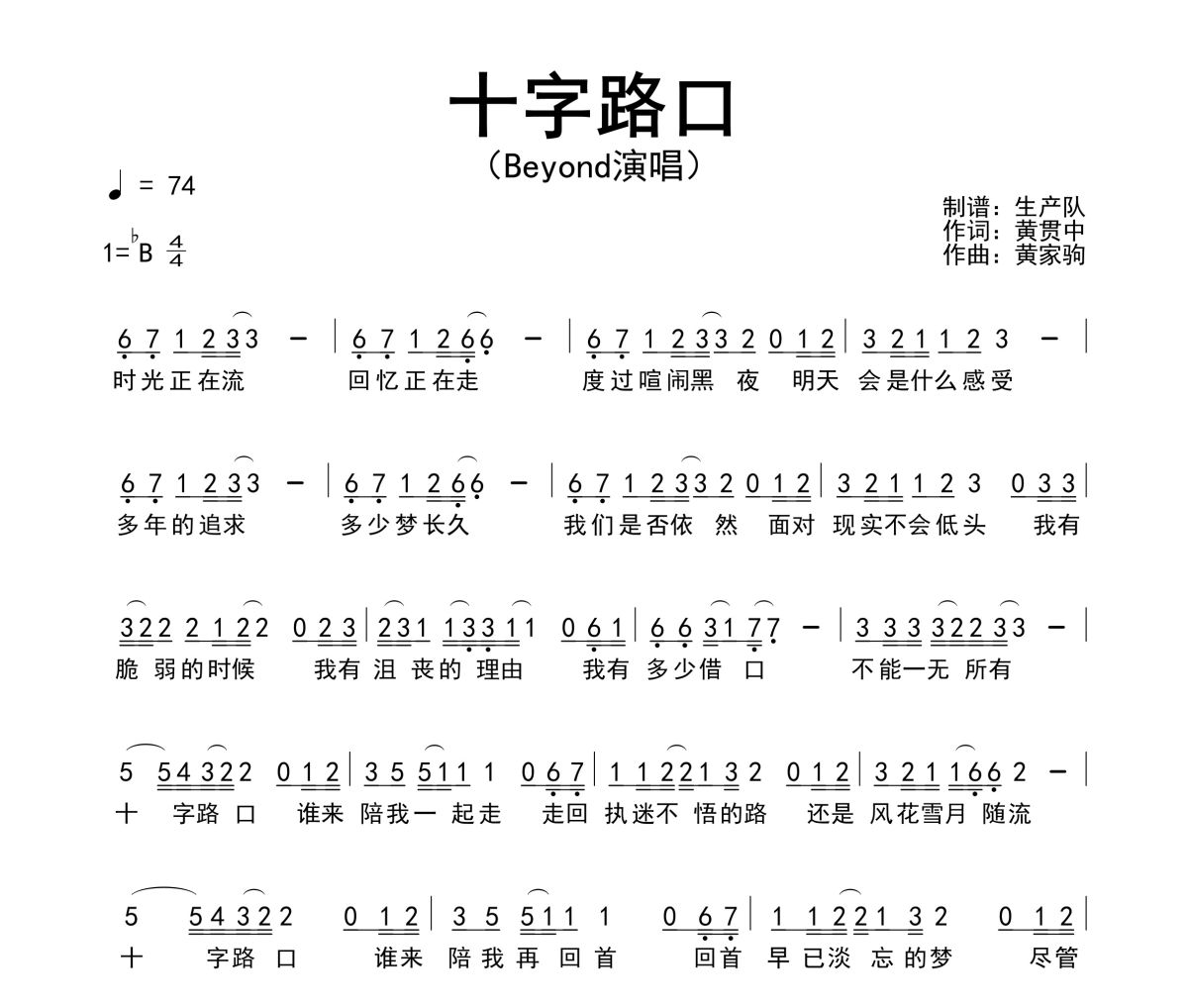 十字路口简谱 Beyond《十字路口》简谱降B调