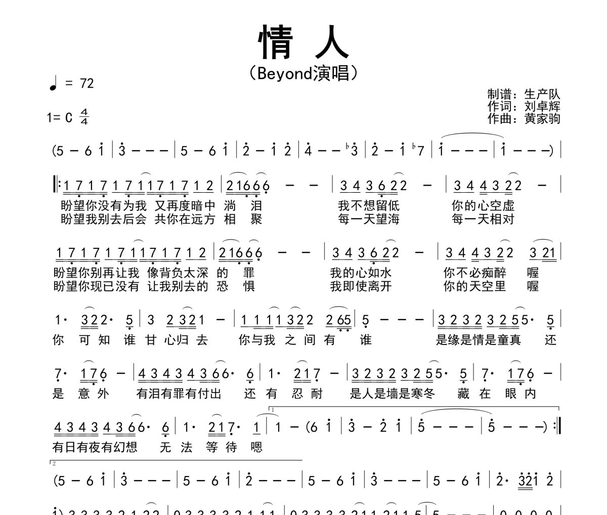 情人简谱 Beyond《情人》简谱C调