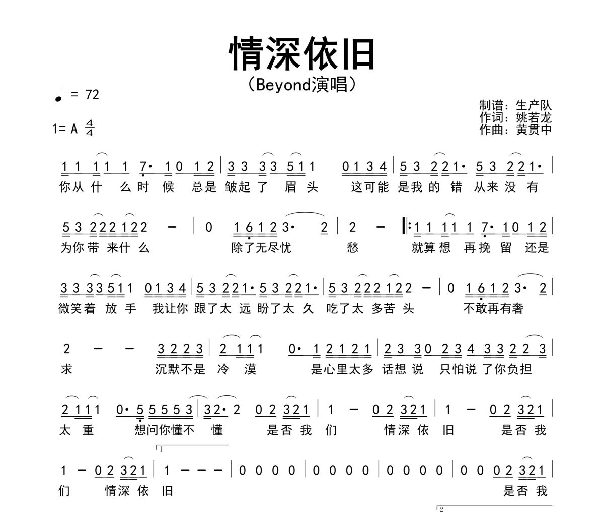 情深依旧简谱 Beyond《情深依旧》简谱A调