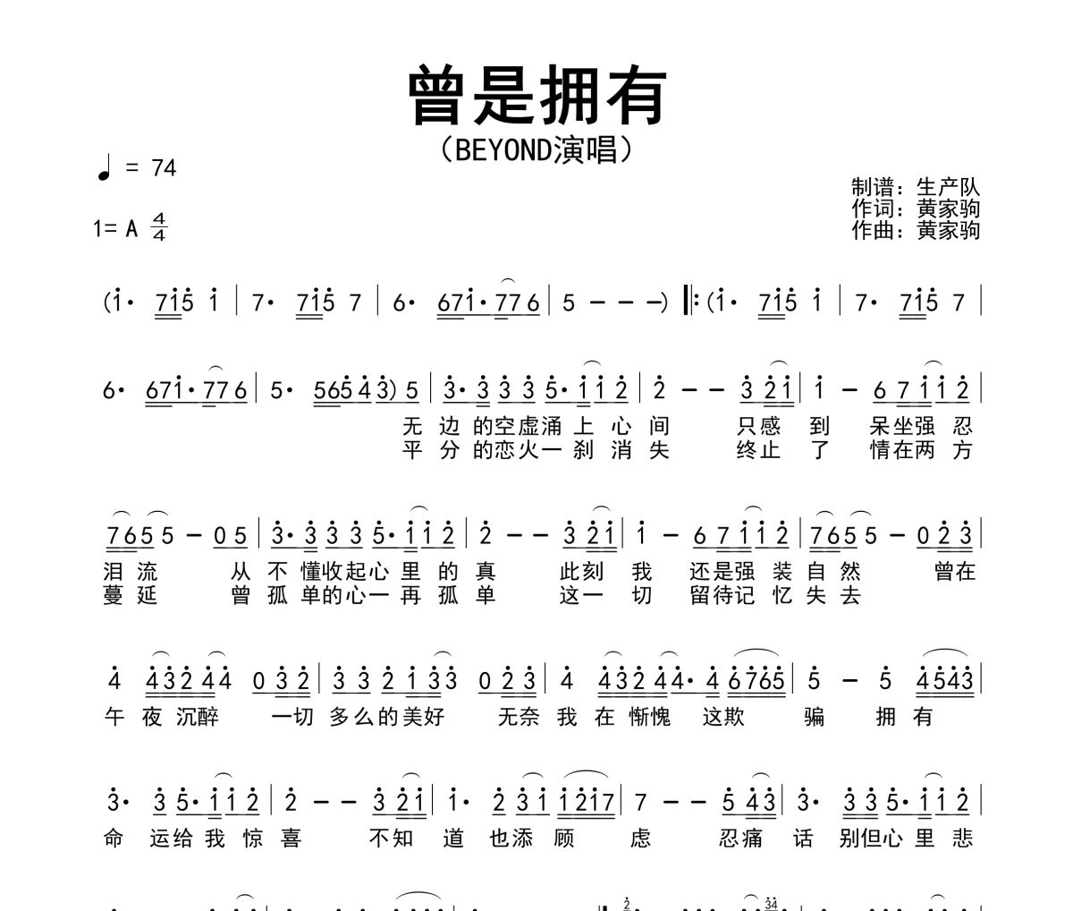 曾是拥有简谱 Beyond《曾是拥有》简谱A调