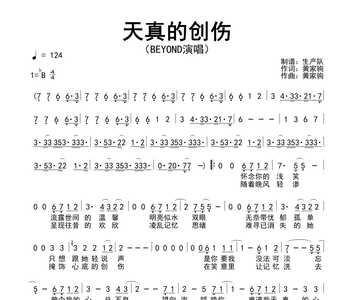 天真的创伤简谱 Beyond《天真的创伤》简谱