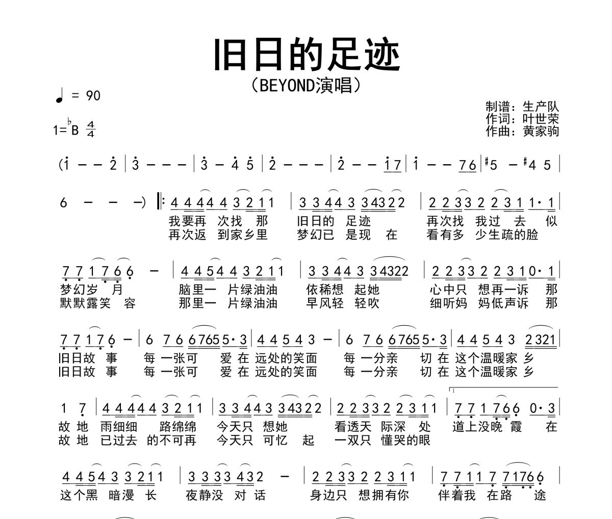 旧日的足迹简谱 Beyond《旧日的足迹》简谱降B调
